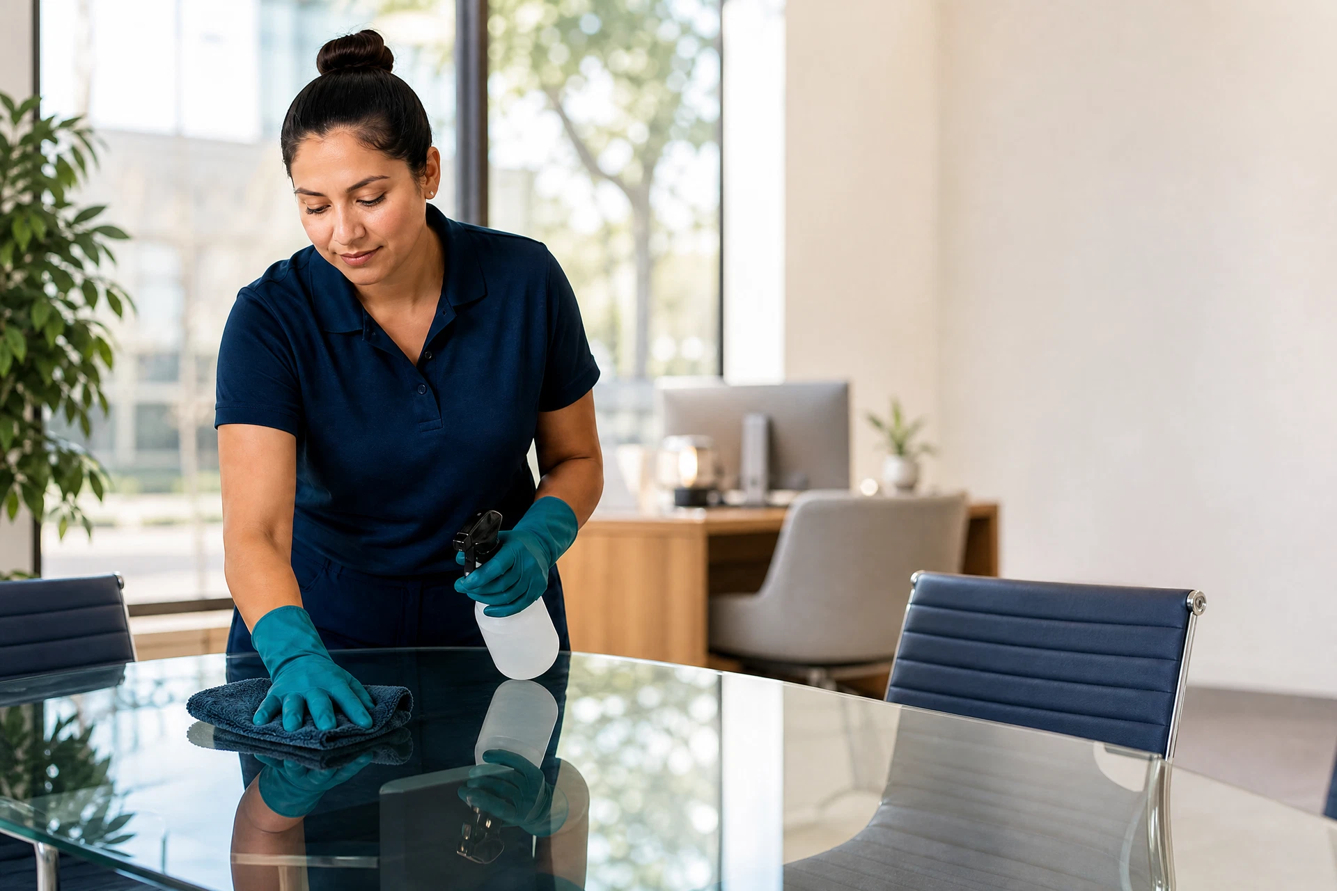 Professional office cleaning team in a modern workspace